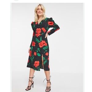 Girl In Mind Alana Puff Shoulder Midi Dress Black Red Floral Polka Dot US 12